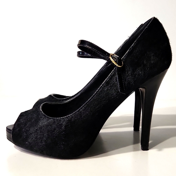 Steve Madden Laveda Black Leather Calf Hair Peep Toe Pumps Size 8M EUC! - Picture 6 of 11